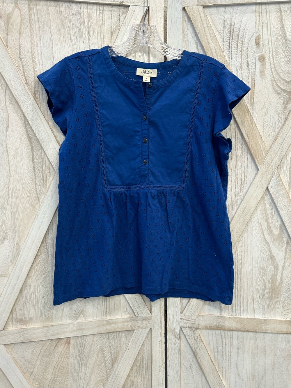 Style & Co. Navy Eyelet Button-Front Cap Sleeve Blouse